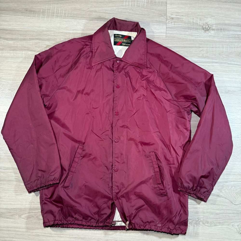 Vintage Sears Nylon Rain Jacket Coat Maroon Lined Barn Coat Mens Size Large Tall